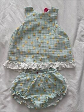 Ruffle butts Baby Girls Light Blue Chick Print Dress & Bloomers Set 6-12months